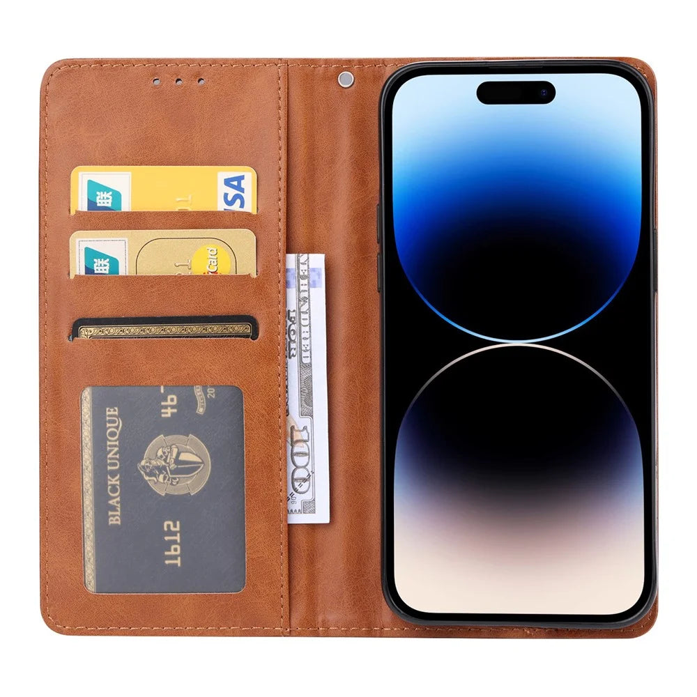 For iPhone 15 Pro Max Leather Stand Wallet Cover Magnetic Closing Anti-drop Phone Case - Light Brown - 2