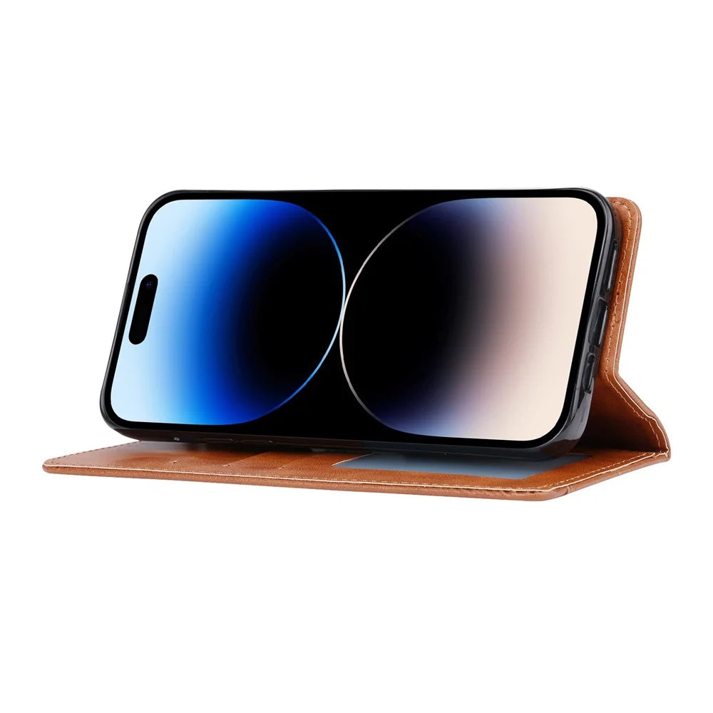 For iPhone 15 Pro Max Leather Stand Wallet Cover Magnetic Closing Anti-drop Phone Case - Light Brown - 3