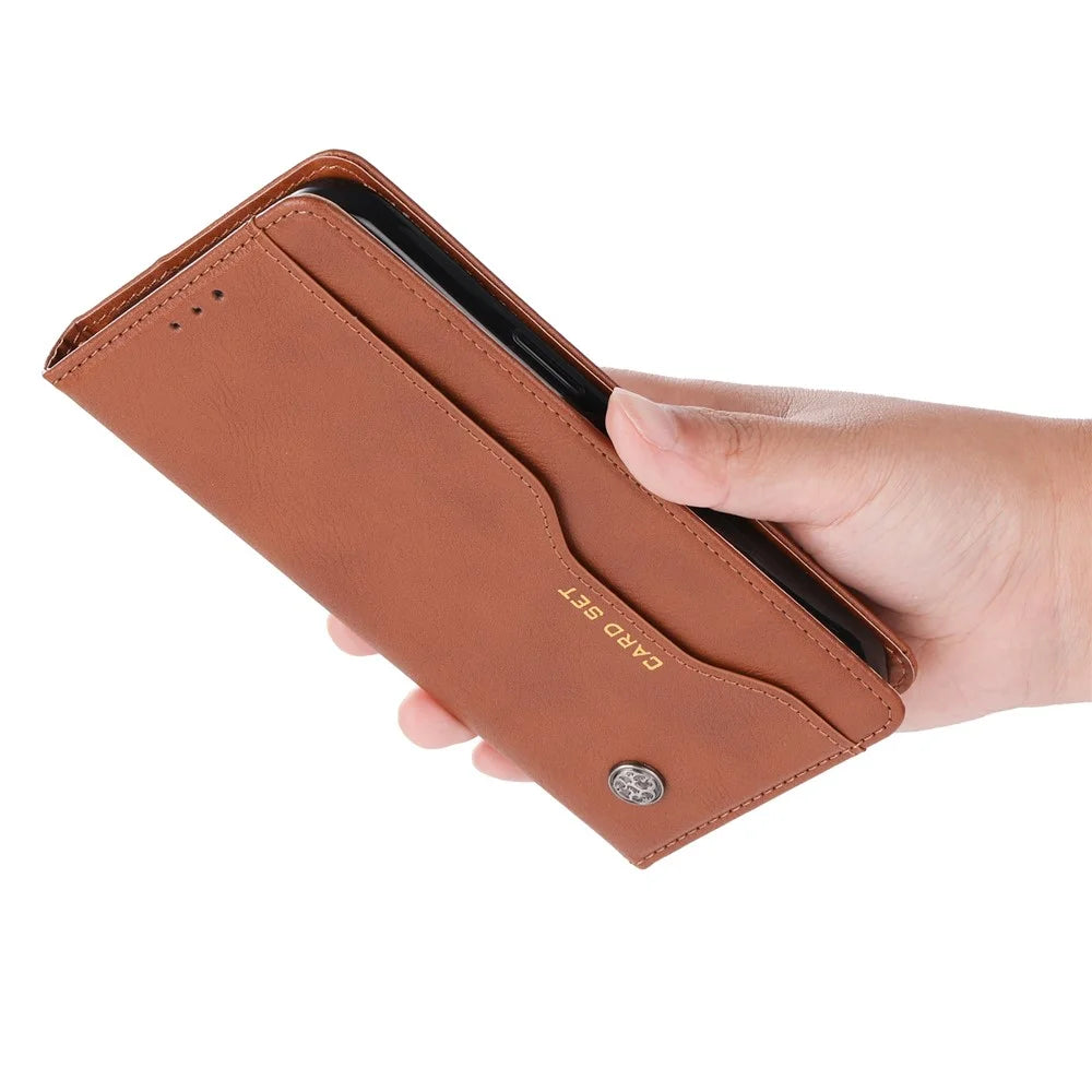 For iPhone 15 Pro Max Leather Stand Wallet Cover Magnetic Closing Anti-drop Phone Case - Light Brown - 4