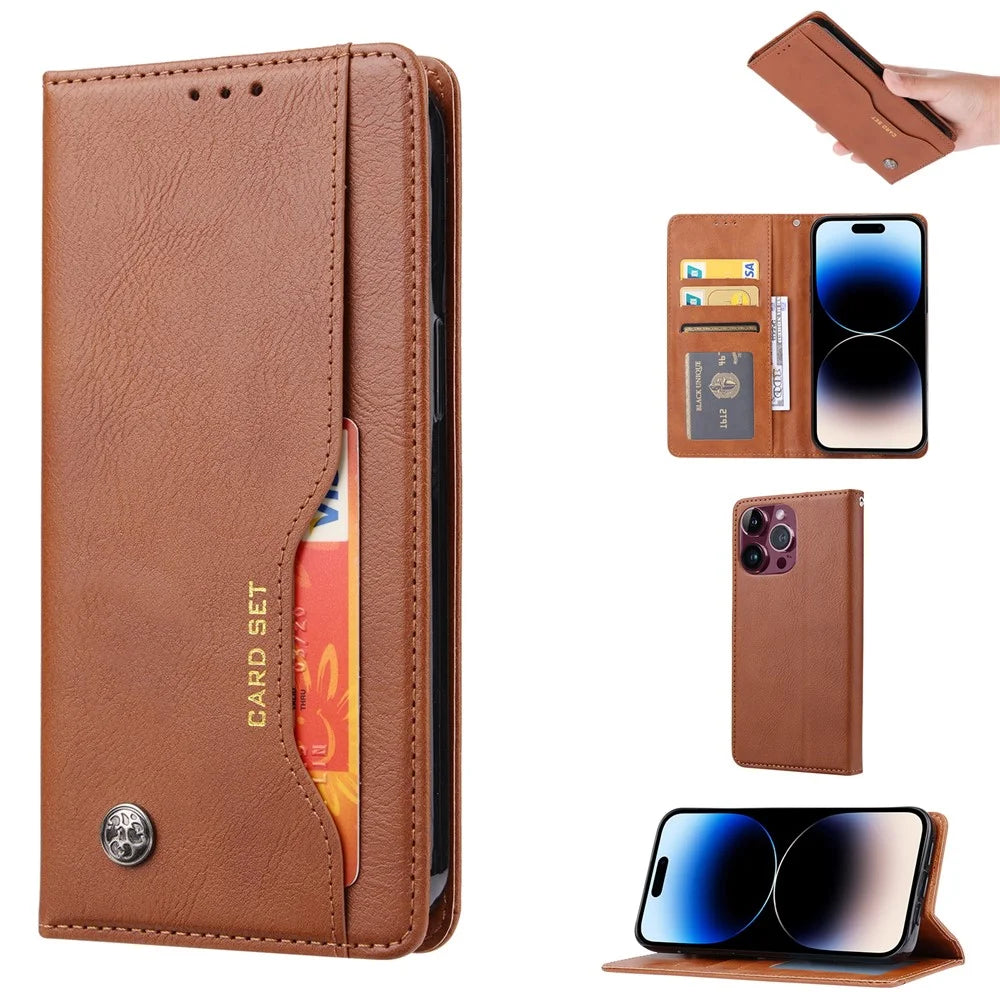 For iPhone 15 Pro Max Leather Stand Wallet Cover Magnetic Closing Anti-drop Phone Case - Light Brown - 5