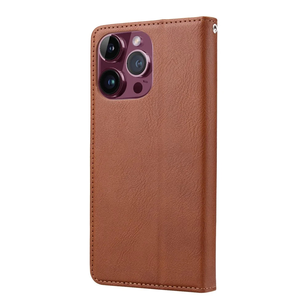 For iPhone 15 Pro Max Leather Stand Wallet Cover Magnetic Closing Anti-drop Phone Case - Light Brown - 7