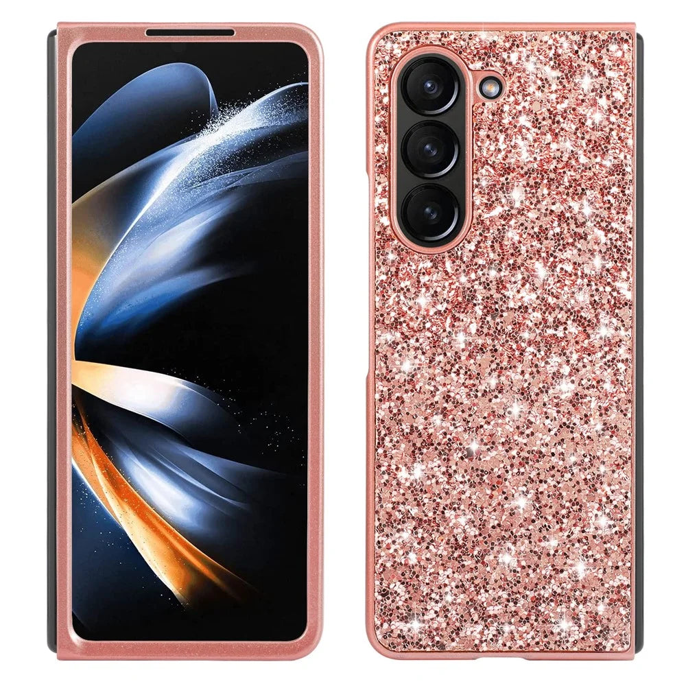 For Samsung Galaxy Z Fold5 5G Glitter Sequins Phone Case Electroplating TPU Frame Hard PC Back Cover - Rose Gold - 1