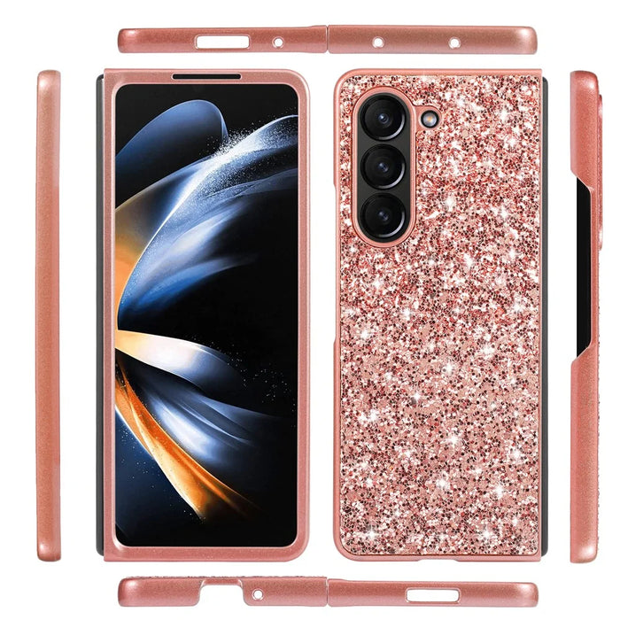 For Samsung Galaxy Z Fold5 5G Glitter Sequins Phone Case Electroplating TPU Frame Hard PC Back Cover - Rose Gold - 2