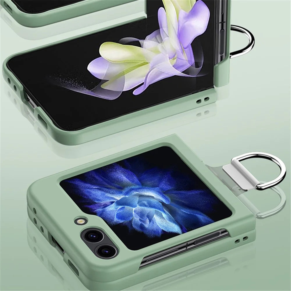 For Samsung Galaxy Z Flip5 5G Hard PC Skin-touch Phone Case Metal Ring Holder Anti-Slip Cover - Light Green - 3