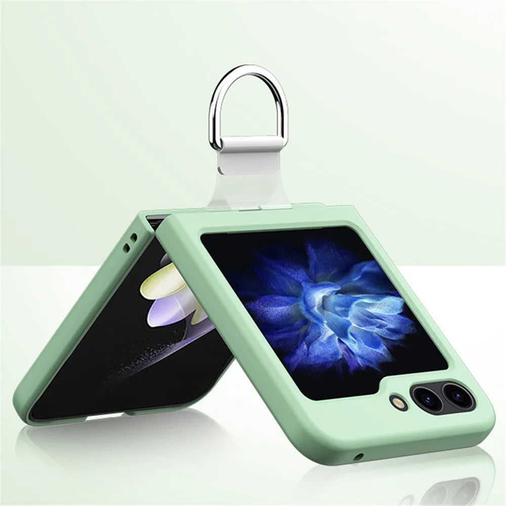 For Samsung Galaxy Z Flip5 5G Hard PC Skin-touch Phone Case Metal Ring Holder Anti-Slip Cover - Light Green - 5