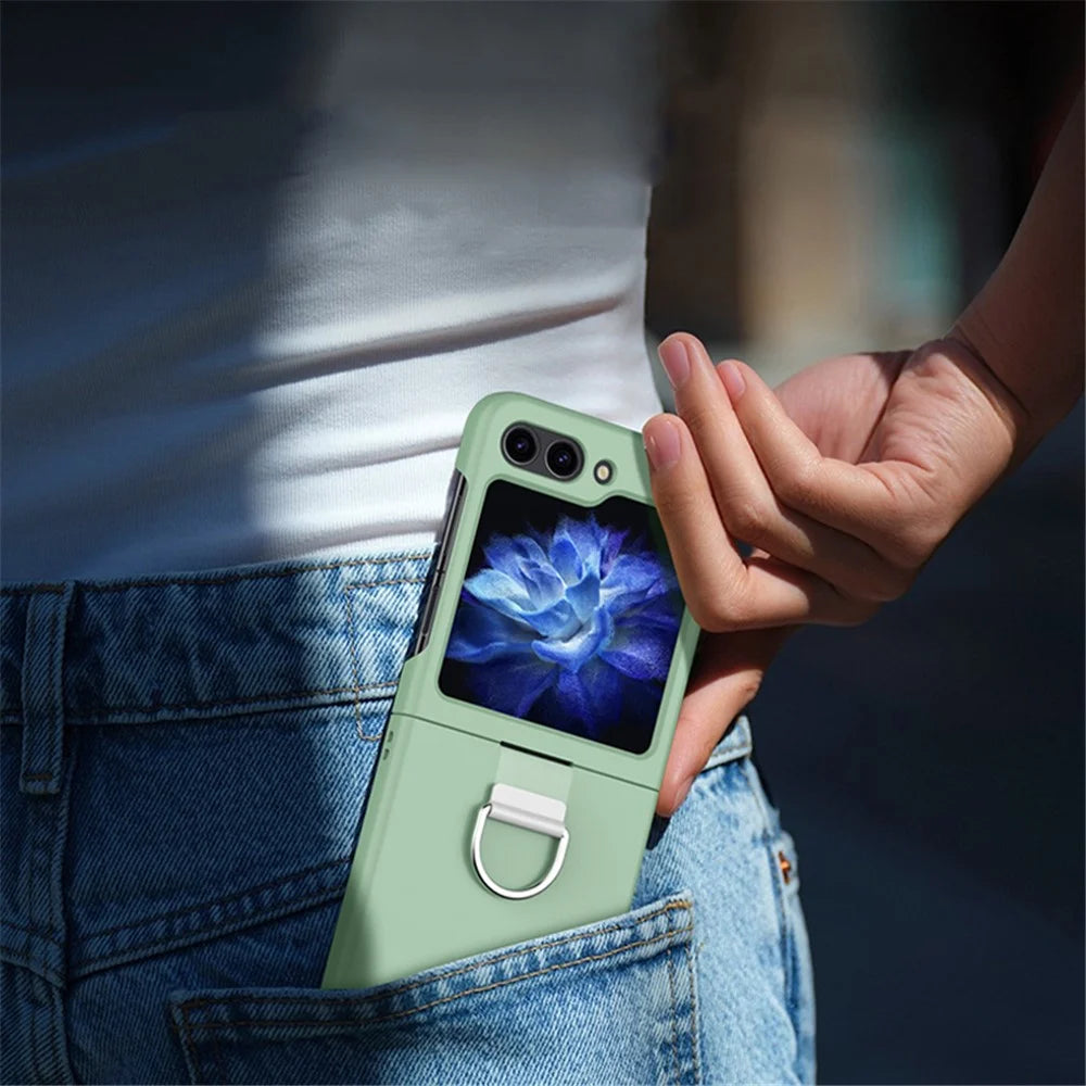 For Samsung Galaxy Z Flip5 5G Hard PC Skin-touch Phone Case Metal Ring Holder Anti-Slip Cover - Light Green - 6