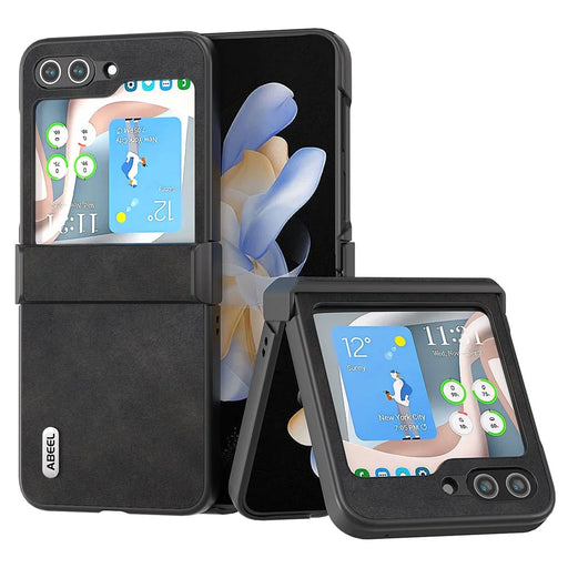 ABEEL For Samsung Galaxy Z Flip5 5G PU Leather + PC Phone Case Cowhide Texture Hinge Protection Cover - Black - 1