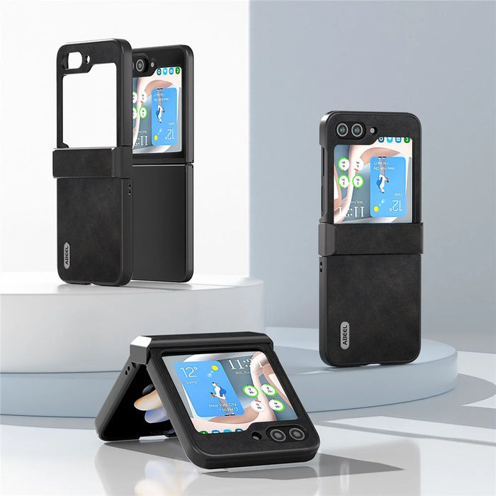 ABEEL For Samsung Galaxy Z Flip5 5G PU Leather + PC Phone Case Cowhide Texture Hinge Protection Cover - Black - 3
