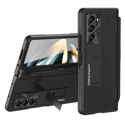 For Samsung Galaxy Z Fold5 5G Kickstand Case Hinge Protection PU Leather PC Cover with Tempered Glass Film, Pen - Black - 1