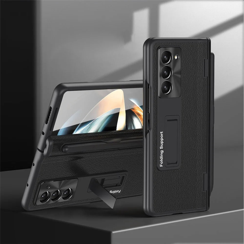For Samsung Galaxy Z Fold5 5G Kickstand Case Hinge Protection PU Leather PC Cover with Tempered Glass Film, Pen - Black - 2