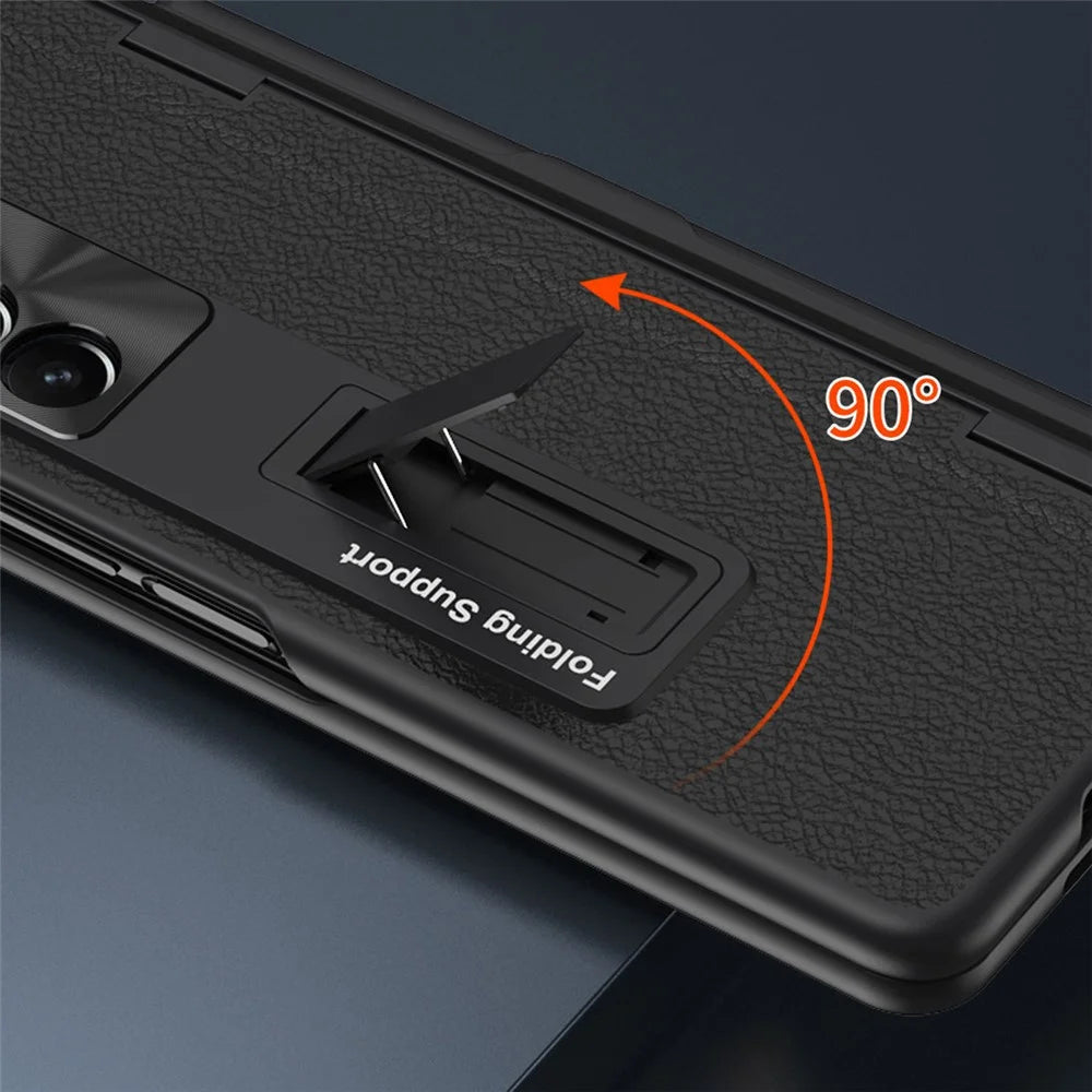 For Samsung Galaxy Z Fold5 5G Kickstand Case Hinge Protection PU Leather PC Cover with Tempered Glass Film, Pen - Black - 3