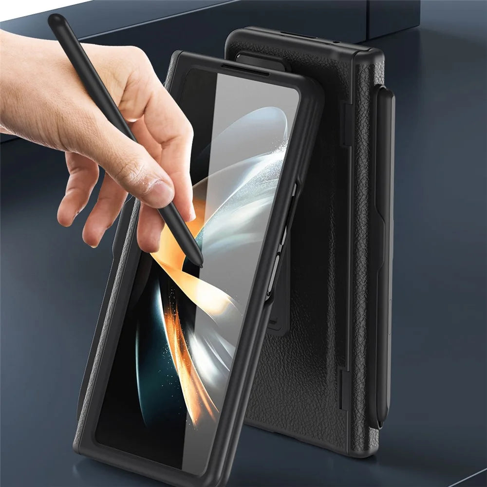 For Samsung Galaxy Z Fold5 5G Kickstand Case Hinge Protection PU Leather PC Cover with Tempered Glass Film, Pen - Black - 4