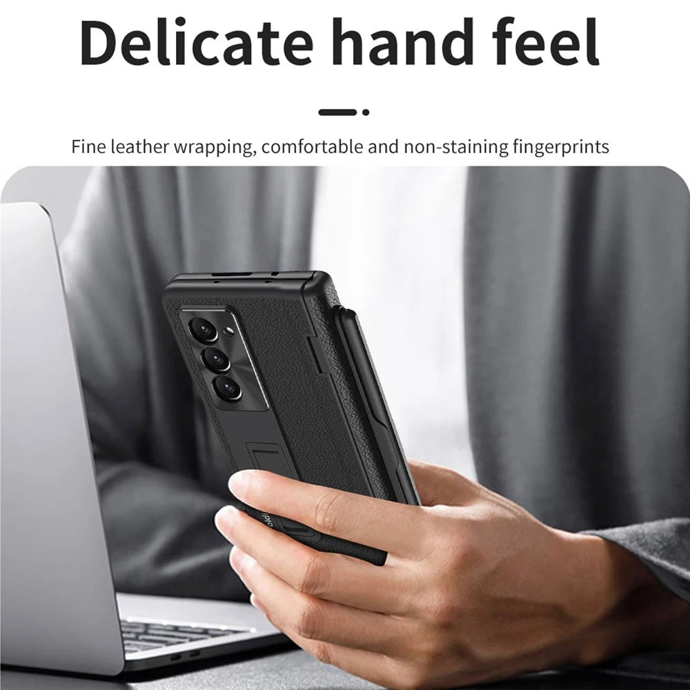 For Samsung Galaxy Z Fold5 5G Kickstand Case Hinge Protection PU Leather PC Cover with Tempered Glass Film, Pen - Black - 5