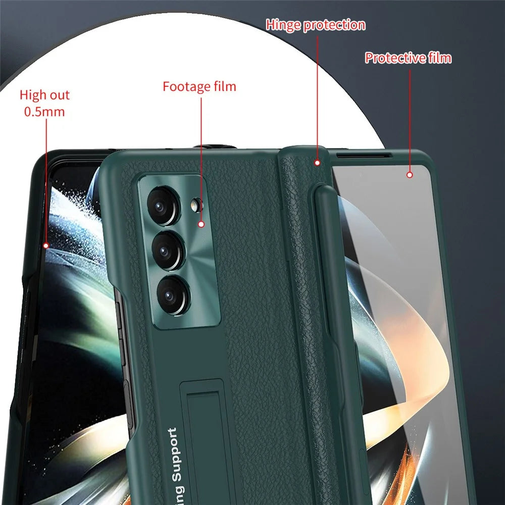 For Samsung Galaxy Z Fold5 5G Kickstand Case Hinge Protection PU Leather PC Cover with Tempered Glass Film, Pen - Black - 6
