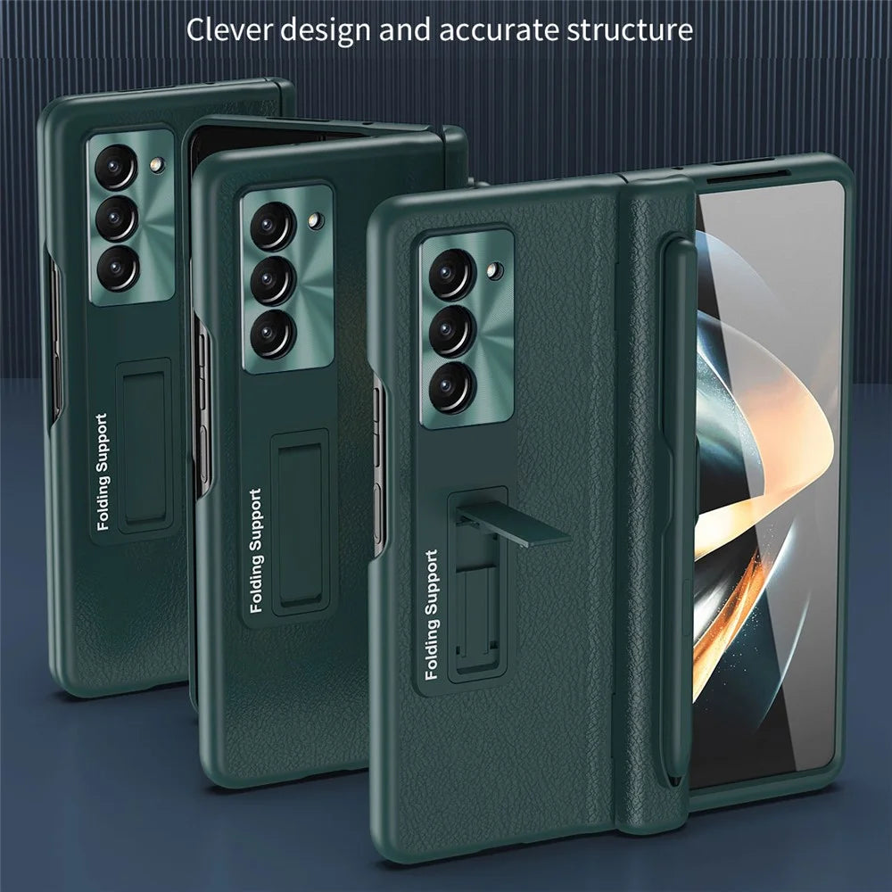 For Samsung Galaxy Z Fold5 5G Kickstand Case Hinge Protection PU Leather PC Cover with Tempered Glass Film, Pen - Black - 7