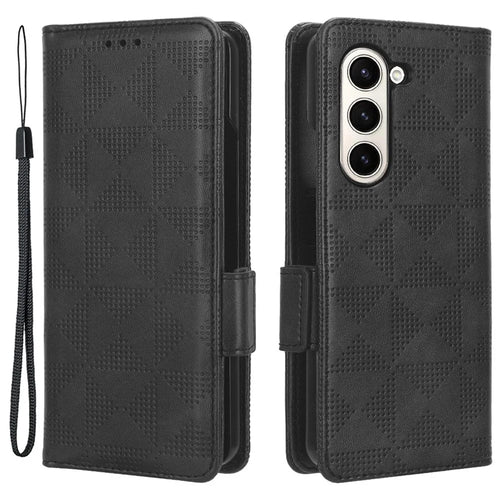 For Samsung Galaxy Z Fold5 5G Imprinted Triangle Cell Phone Cover PU Leather Stand Wallet Case - Black - 1
