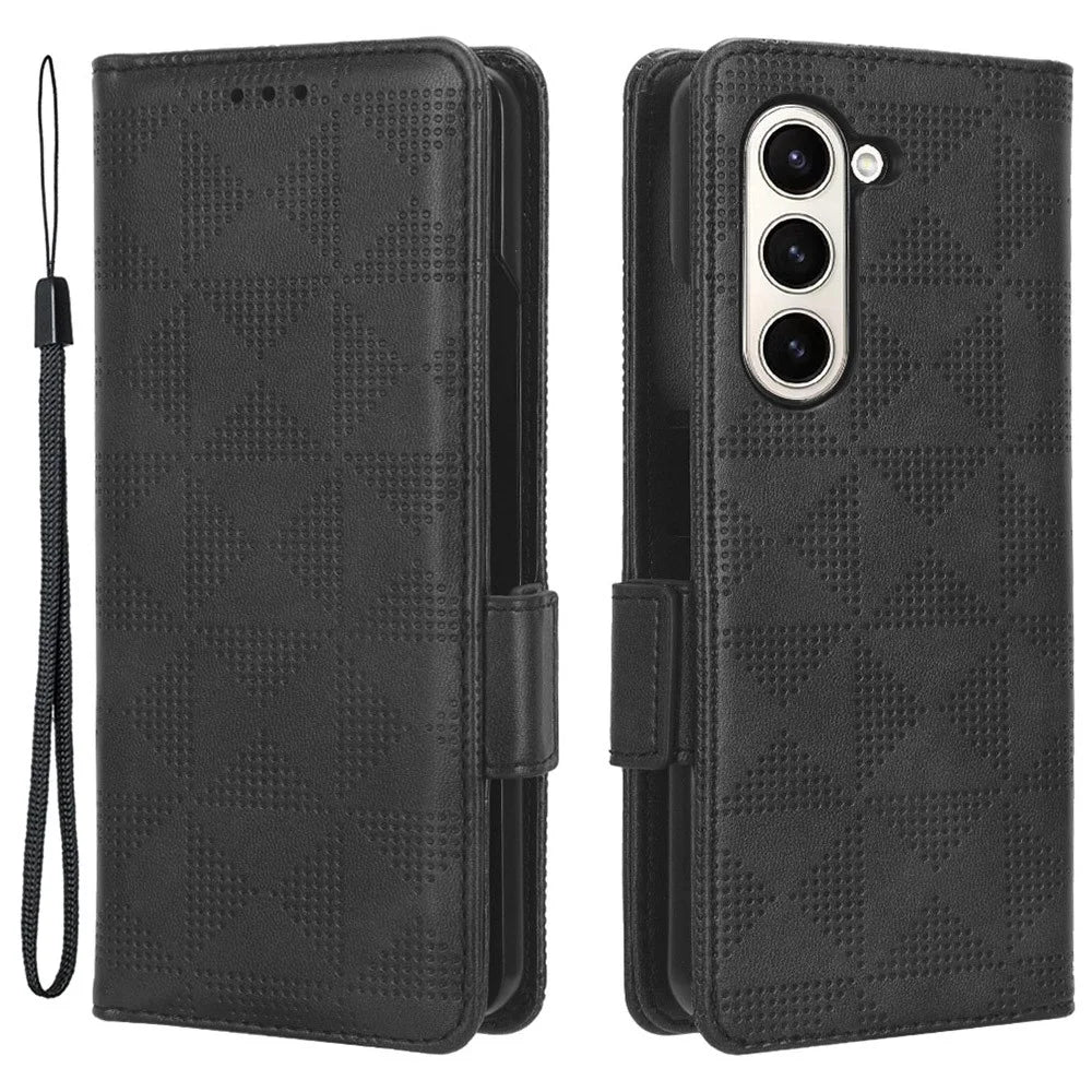 For Samsung Galaxy Z Fold5 5G Imprinted Triangle Cell Phone Cover PU Leather Stand Wallet Case - Black - 1