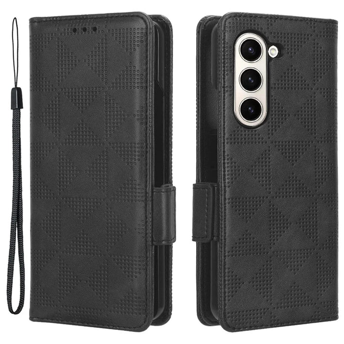 For Samsung Galaxy Z Fold5 5G Imprinted Triangle Cell Phone Cover PU Leather Stand Wallet Case - Black - 1