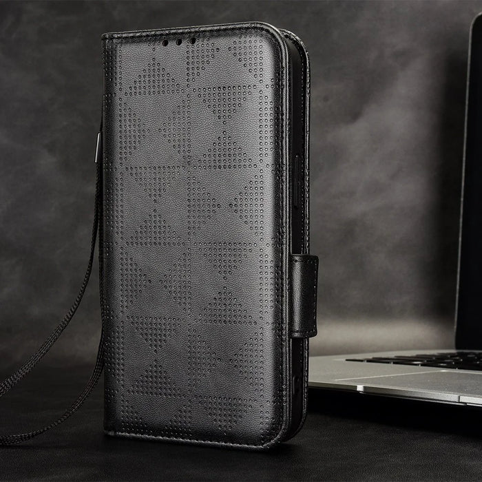 For Samsung Galaxy Z Fold5 5G Imprinted Triangle Cell Phone Cover PU Leather Stand Wallet Case - Black - 5