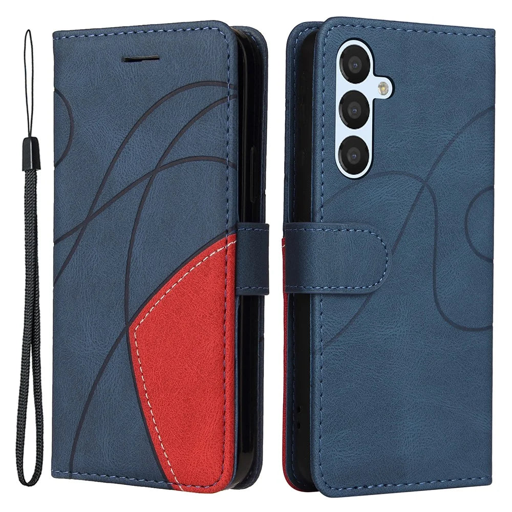 For Samsung Galaxy S23 FE Leather Case Wallet Stand Color Splicing Phone Cover - Blue - 1
