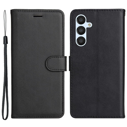For Samsung Galaxy A25 5G (Global) (161.0 x 76.5 x 8.3mm) Case Solid Color Leather Mobile Cover Wallet Stand with Strap - Black - 1