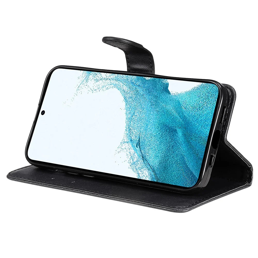 For Samsung Galaxy A25 5G (Global) (161.0 x 76.5 x 8.3mm) Case Solid Color Leather Mobile Cover Wallet Stand with Strap - Black - 4