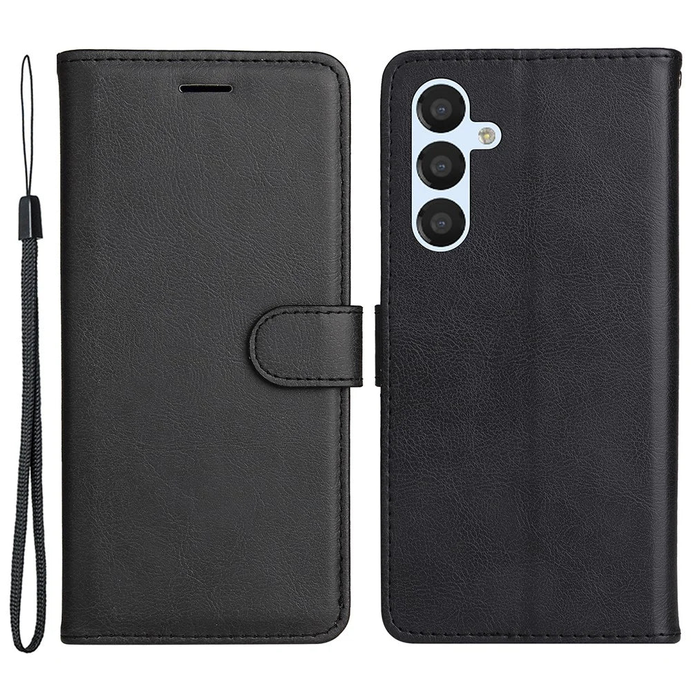 For Samsung Galaxy S23 FE Case Solid Color Leather Mobile Cover Wallet Stand with Strap - Black - 1