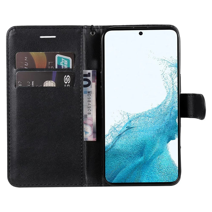 For Samsung Galaxy S23 FE Case Solid Color Leather Mobile Cover Wallet Stand with Strap - Black - 2