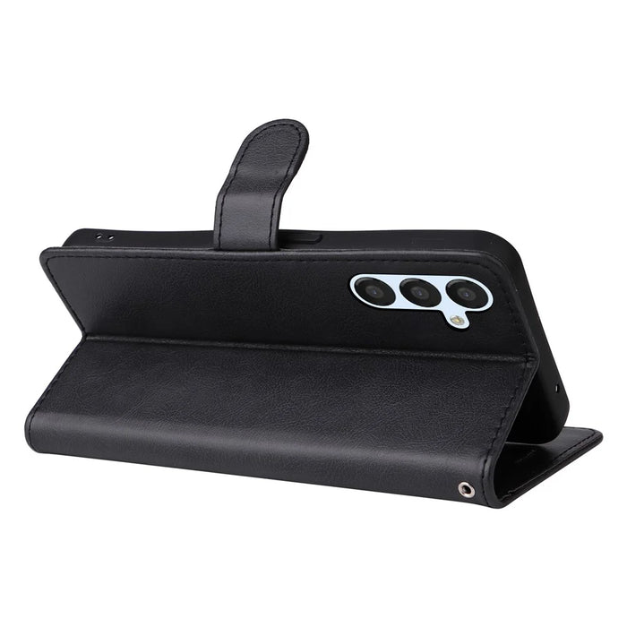 For Samsung Galaxy S23 FE Case Solid Color Leather Mobile Cover Wallet Stand with Strap - Black - 3