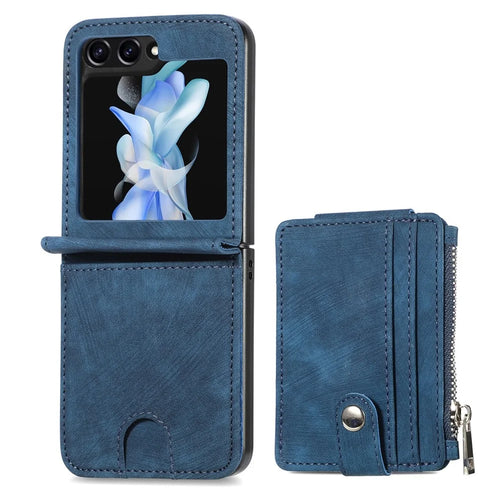 JUNSUNMAY For Samsung Galaxy Z Flip5 5G Zippered Wallet Phone Case Shockproof PU Leather PC Kickstand Cover - Blue - 1