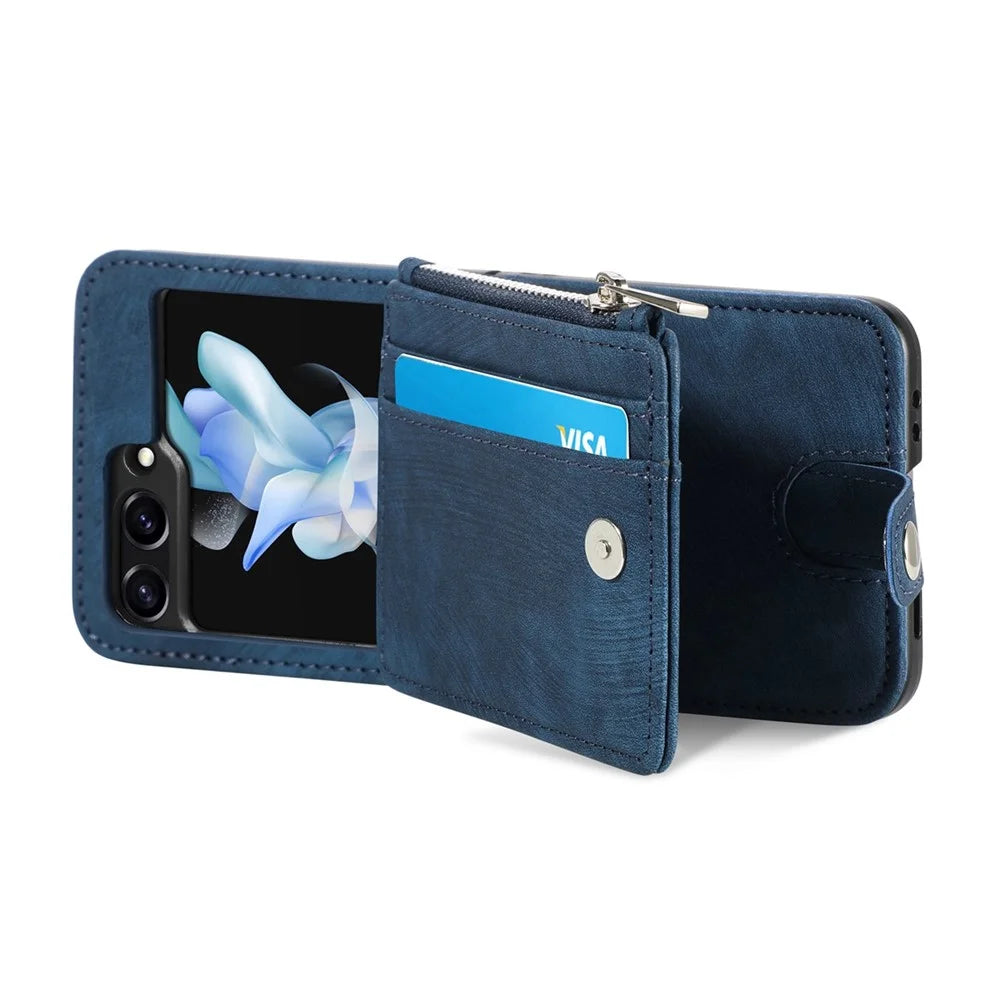 JUNSUNMAY For Samsung Galaxy Z Flip5 5G Zippered Wallet Phone Case Shockproof PU Leather PC Kickstand Cover - Blue - 3