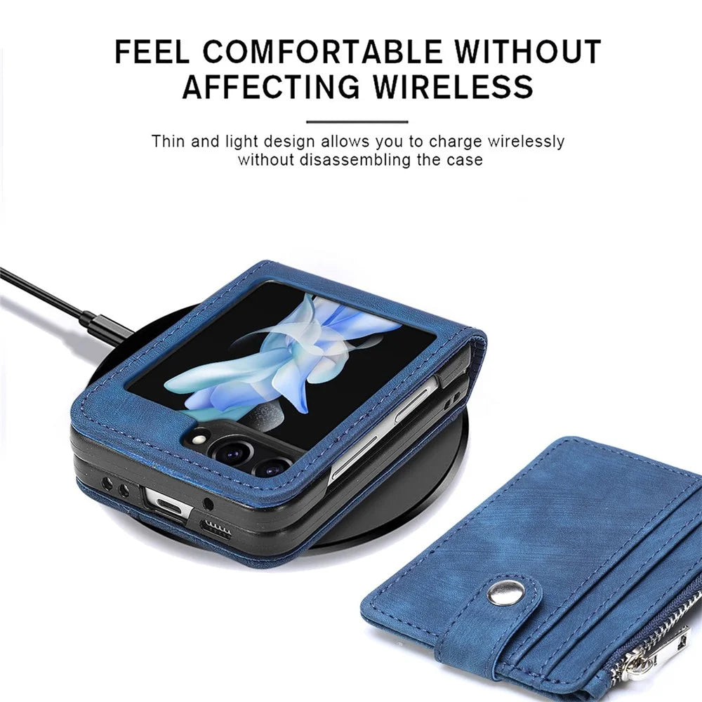 JUNSUNMAY For Samsung Galaxy Z Flip5 5G Zippered Wallet Phone Case Shockproof PU Leather PC Kickstand Cover - Blue - 4