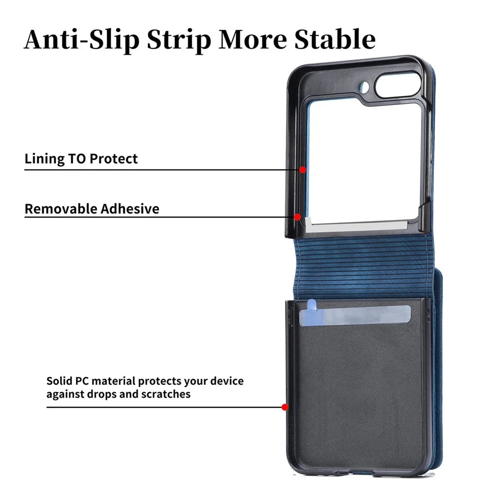 JUNSUNMAY For Samsung Galaxy Z Flip5 5G Zippered Wallet Phone Case Shockproof PU Leather PC Kickstand Cover - Blue - 5