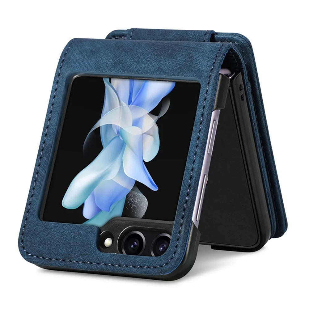 JUNSUNMAY For Samsung Galaxy Z Flip5 5G Zippered Wallet Phone Case Shockproof PU Leather PC Kickstand Cover - Blue - 6