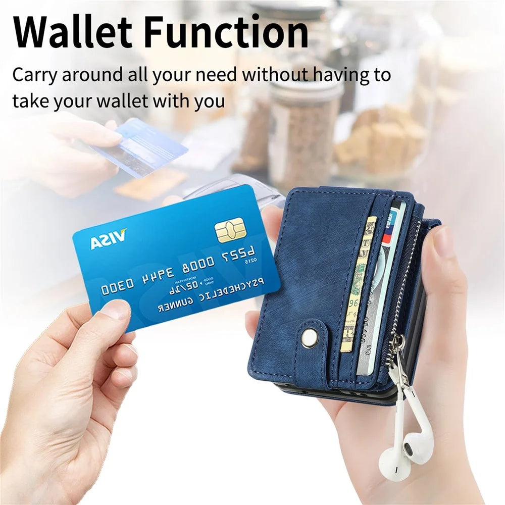 JUNSUNMAY For Samsung Galaxy Z Flip5 5G Zippered Wallet Phone Case Shockproof PU Leather PC Kickstand Cover - Blue - 7