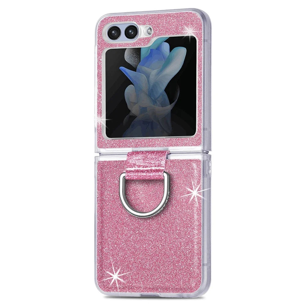 JUNSUNMAY Glitter Phone Case for Samsung Galaxy Z Flip5 5G Shockproof Hard PC Phone Cover with Ring Holder - Pink - 1