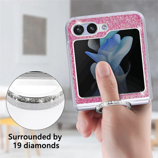JUNSUNMAY Glitter Phone Case for Samsung Galaxy Z Flip5 5G Shockproof Hard PC Phone Cover with Ring Holder - Pink - 2