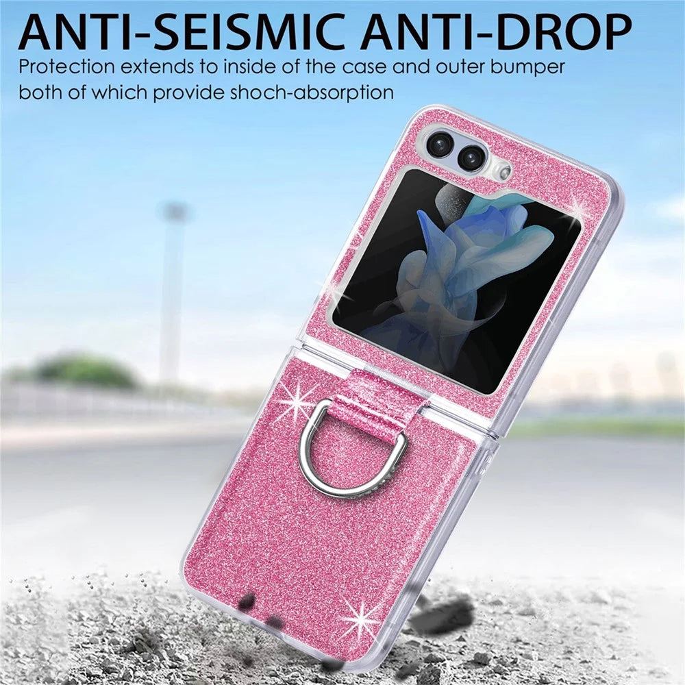 JUNSUNMAY Glitter Phone Case for Samsung Galaxy Z Flip5 5G Shockproof Hard PC Phone Cover with Ring Holder - Pink - 4