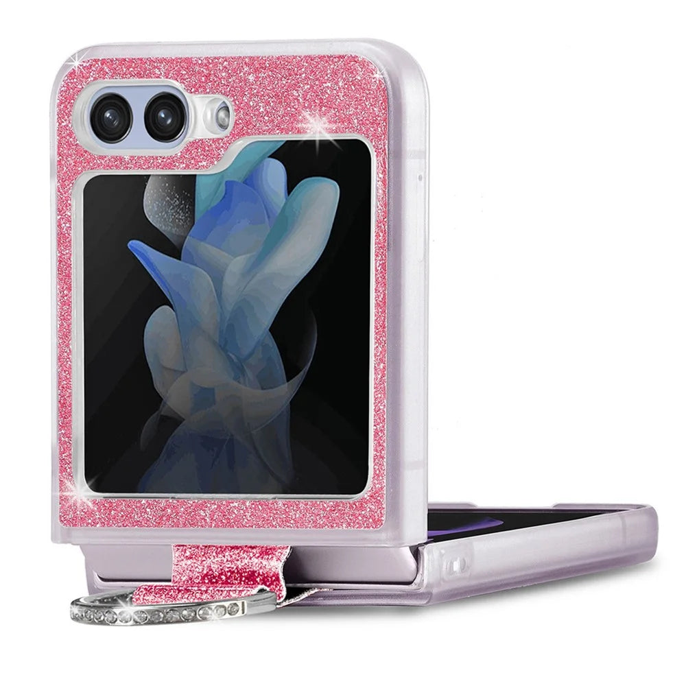 JUNSUNMAY Glitter Phone Case for Samsung Galaxy Z Flip5 5G Shockproof Hard PC Phone Cover with Ring Holder - Pink - 6
