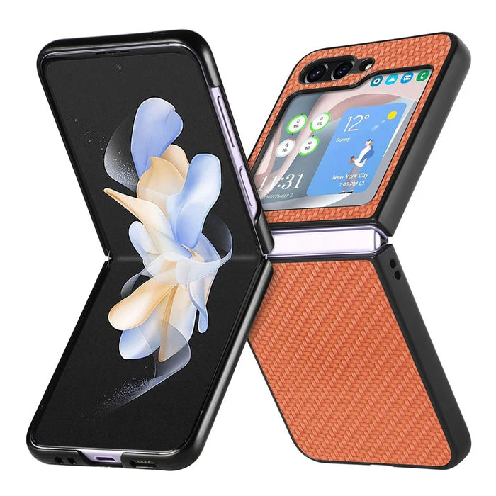 JUNSUNMAY For Samsung Galaxy Z Flip5 5G Shockproof Case Carbon Fiber Texture PU+PC Phone Case - Brown - 1