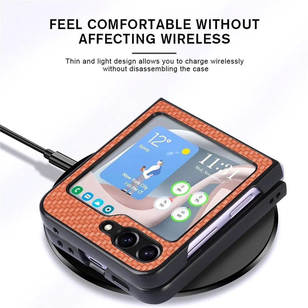 JUNSUNMAY For Samsung Galaxy Z Flip5 5G Shockproof Case Carbon Fiber Texture PU+PC Phone Case - Brown - 2