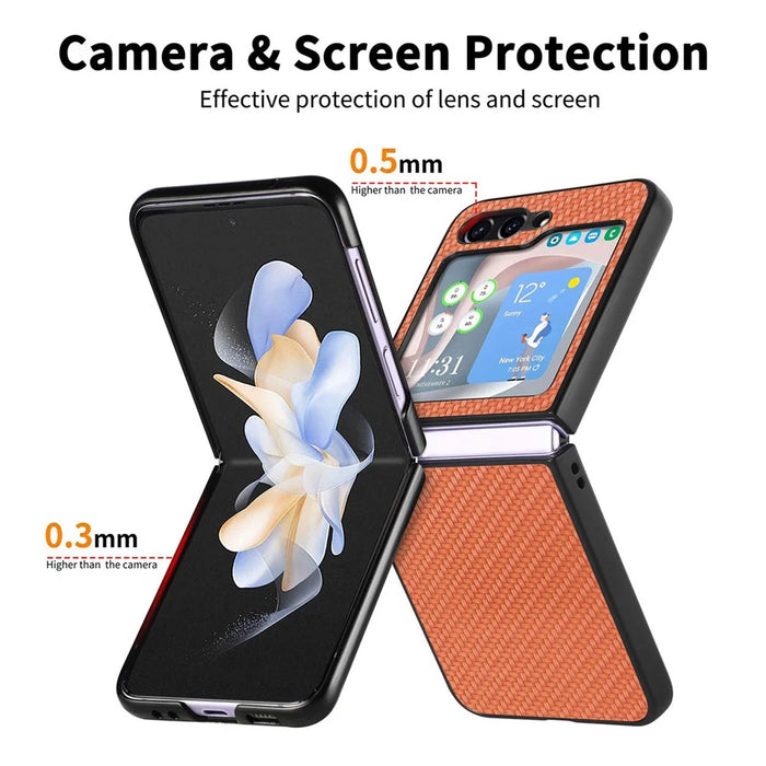 JUNSUNMAY For Samsung Galaxy Z Flip5 5G Shockproof Case Carbon Fiber Texture PU+PC Phone Case - Brown - 4
