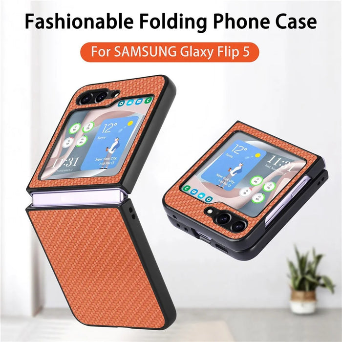 JUNSUNMAY For Samsung Galaxy Z Flip5 5G Shockproof Case Carbon Fiber Texture PU+PC Phone Case - Brown - 5