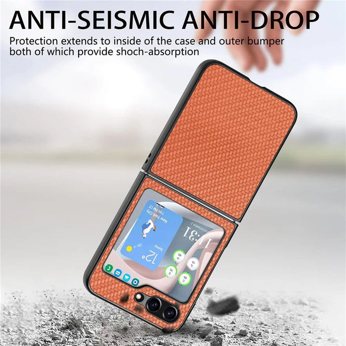 JUNSUNMAY For Samsung Galaxy Z Flip5 5G Shockproof Case Carbon Fiber Texture PU+PC Phone Case - Brown - 6