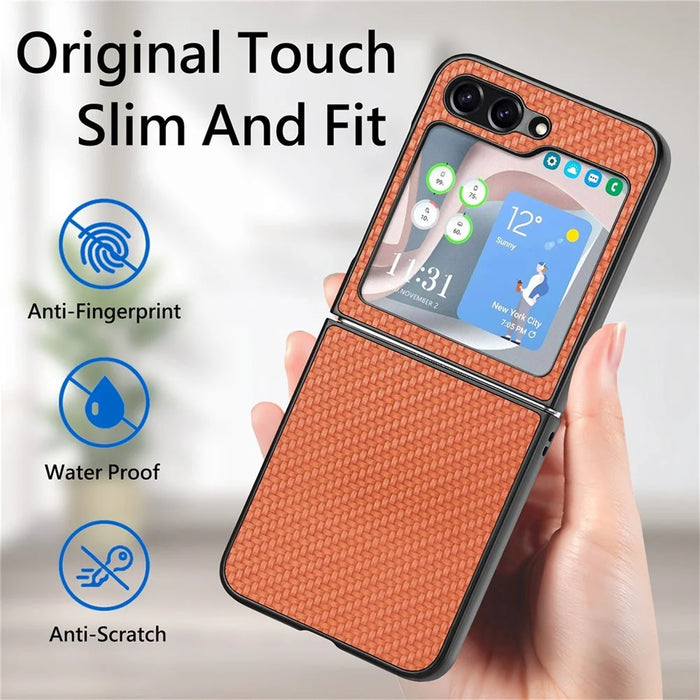 JUNSUNMAY For Samsung Galaxy Z Flip5 5G Shockproof Case Carbon Fiber Texture PU+PC Phone Case - Brown - 7