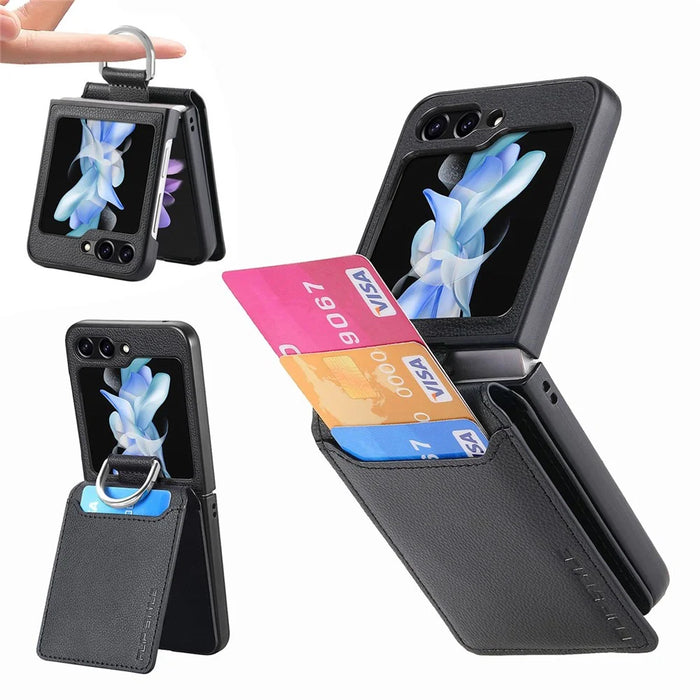 JUNSUNMAY For Samsung Galaxy Z Flip5 5G Card Holder Kickstand Phone Case Litchi Texture PU+PC Phone Cover - Black - 1