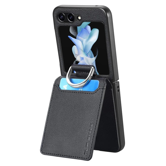 JUNSUNMAY For Samsung Galaxy Z Flip5 5G Card Holder Kickstand Phone Case Litchi Texture PU+PC Phone Cover - Black - 2