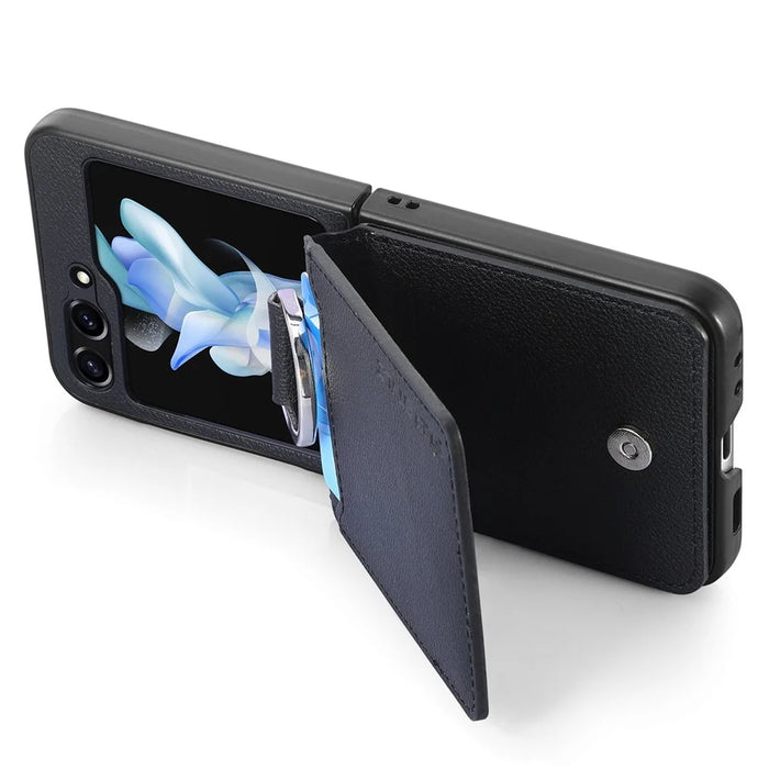 JUNSUNMAY For Samsung Galaxy Z Flip5 5G Card Holder Kickstand Phone Case Litchi Texture PU+PC Phone Cover - Black - 3