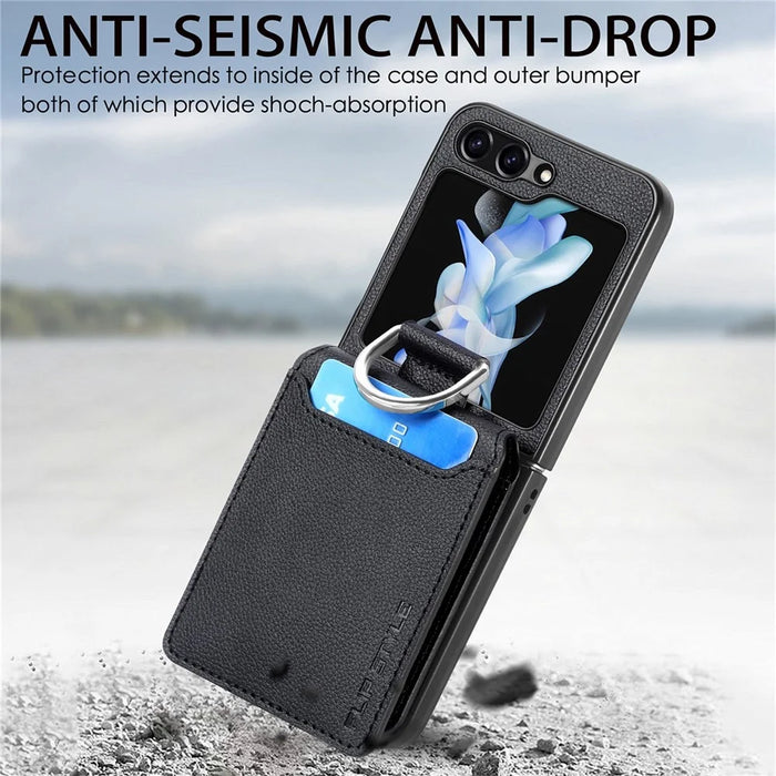 JUNSUNMAY For Samsung Galaxy Z Flip5 5G Card Holder Kickstand Phone Case Litchi Texture PU+PC Phone Cover - Black - 6