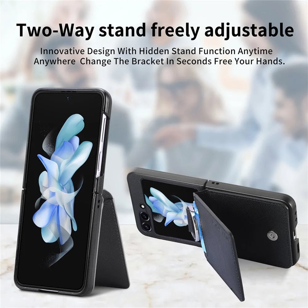 JUNSUNMAY For Samsung Galaxy Z Flip5 5G Card Holder Kickstand Phone Case Litchi Texture PU+PC Phone Cover - Black - 7